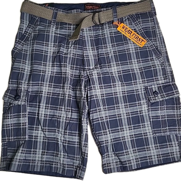 Wearfirst Other - NWT Wear First Mens 36 Y2K/2000s BAGGY PLAID CARGO SKATE SHORTS Blue Belted